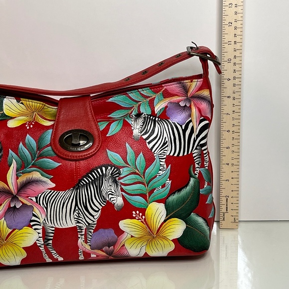 Anuschka Purse Genuine Leather Hand Painted Red Zebra Tropical Floral Bag - Picture 14 of 16